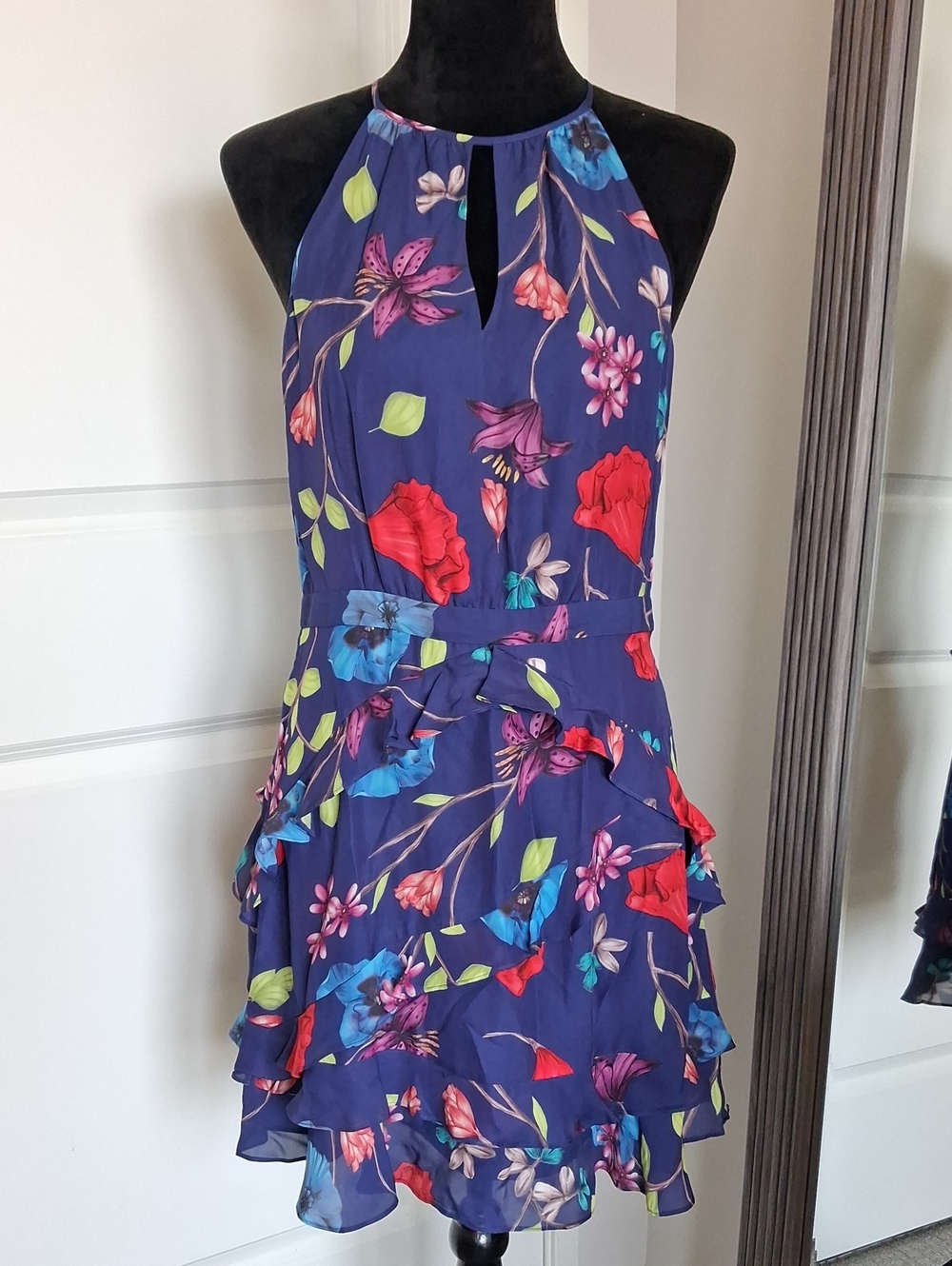 Parker Azul Sardinia Ruffled Halter Mini Dress - Navy Blue Floral Mult** Size 10